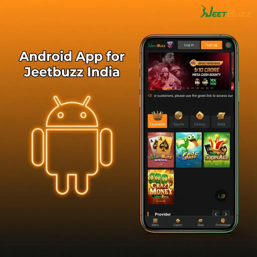 Illustration of a hand using the Jeetbuzz India Android betting app on a smartphone during a live sports match