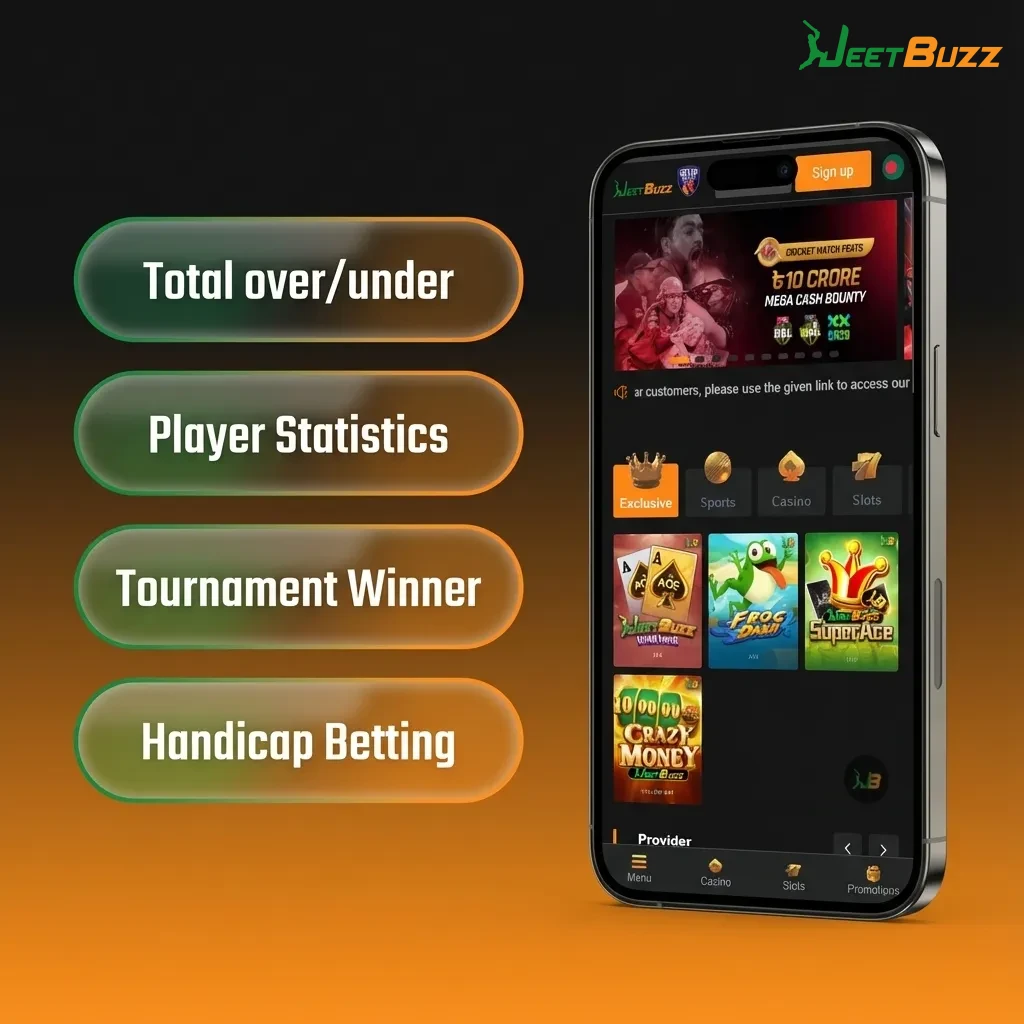 Jeetbuzz mobile app screen showing single, accumulator, system, live, and outright betting options with brief descriptions.