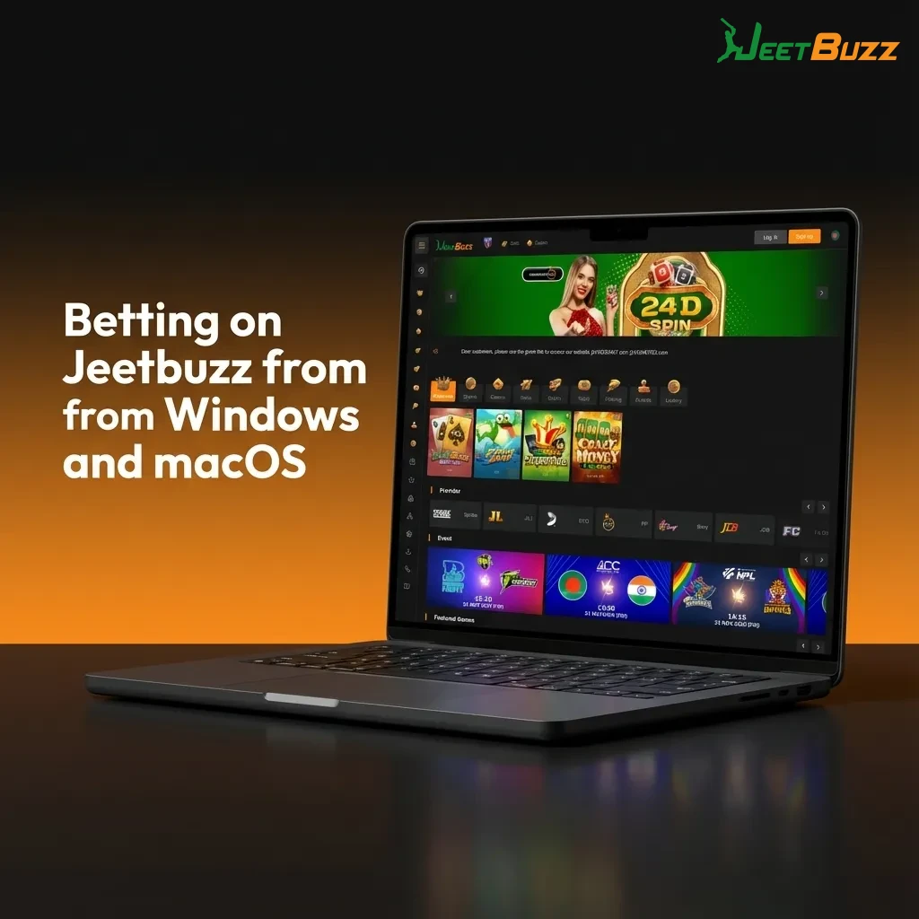 User placing bets on Jeetbuzz via desktop browser on Windows and macOS, no dedicated PC app shown