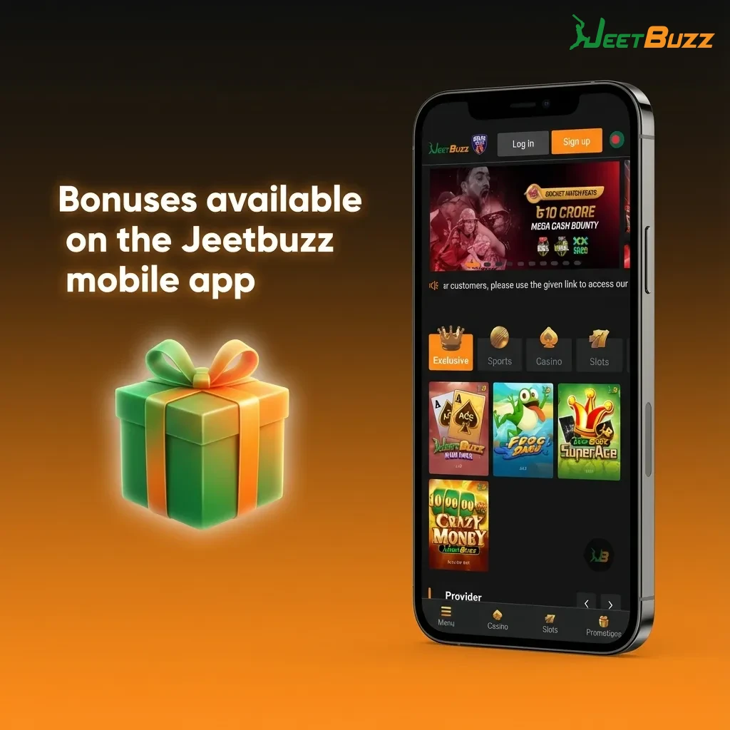 Smartphone showing Jeetbuzz app screen with Indian-themed sports and casino bonus offers and welcome promotions