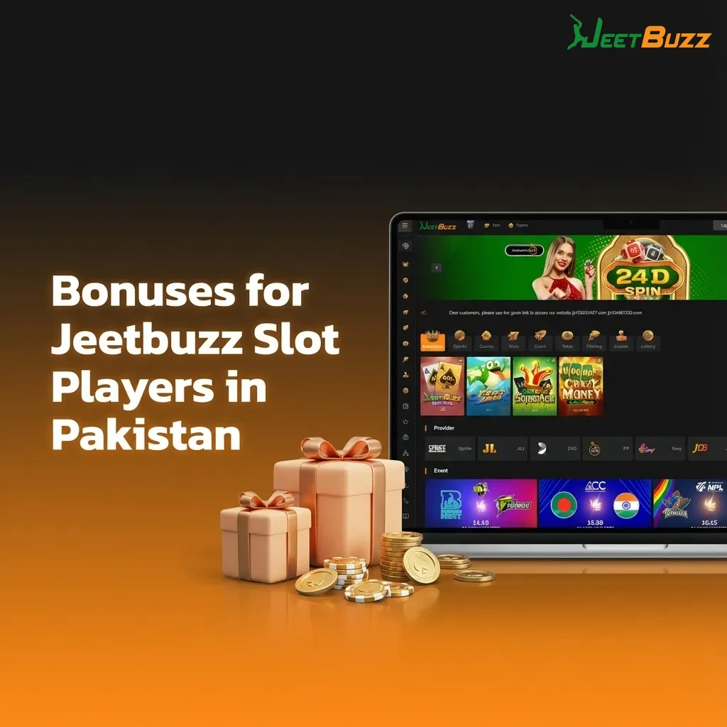 Colorful Jeetbuzz slot machine interface with PKR welcome bonus, free spins, and promotions highlighted for players in Pakistan