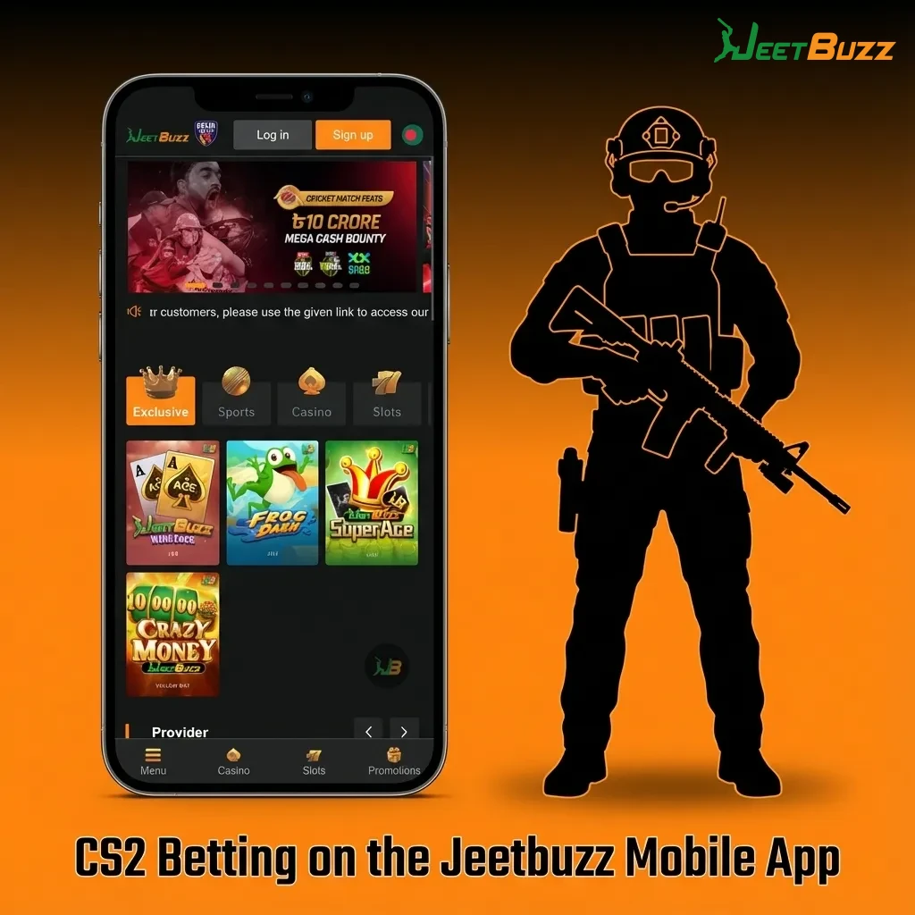 Person holding a phone with the Jeetbuzz app open, placing live CS2 bets in BDT from Bangladesh