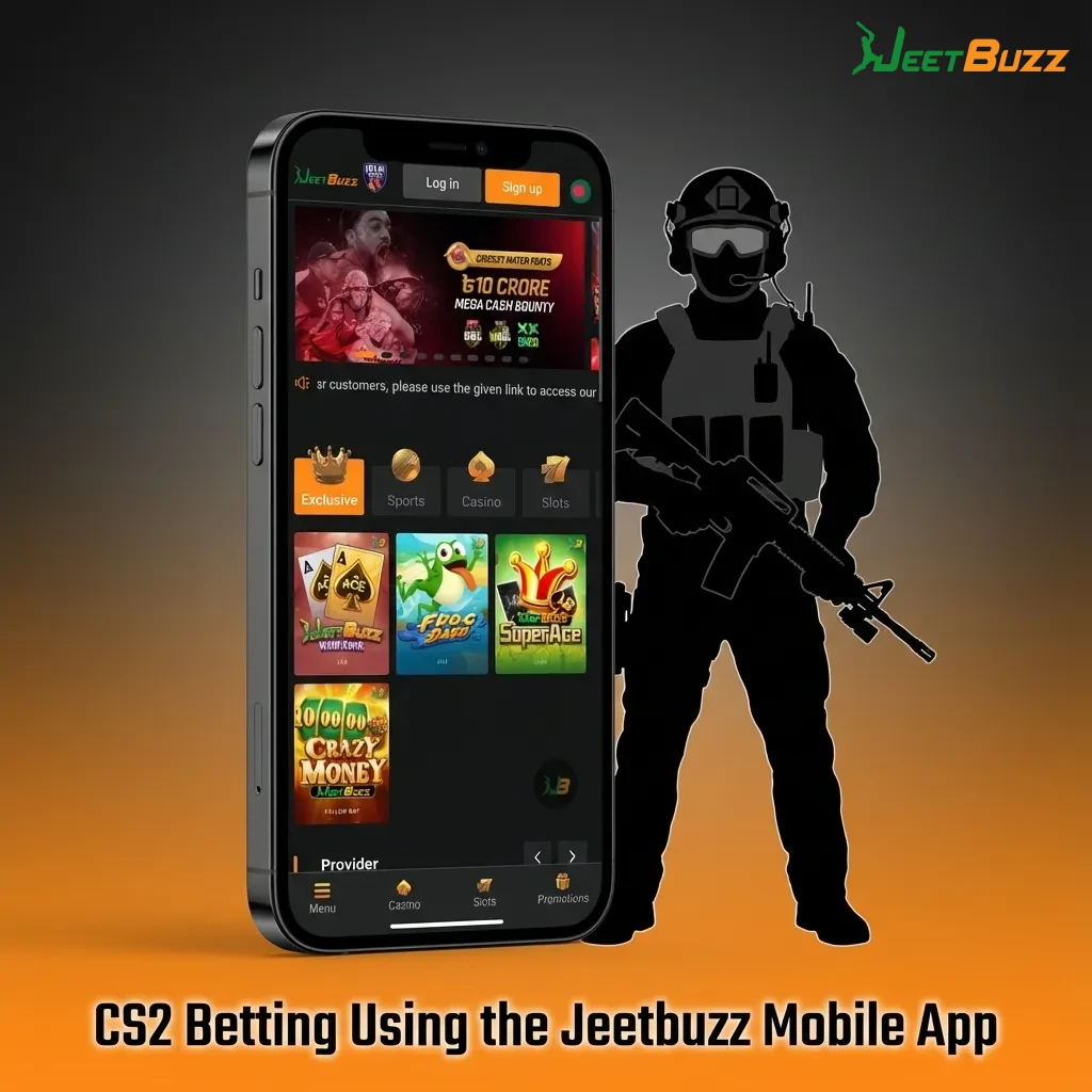 Hand holding a phone with the Jeetbuzz app open, showing live CS2 esports betting markets and odds in INR.