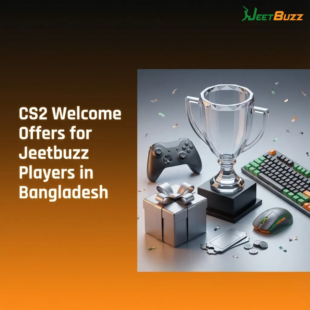 CS2-themed Jeetbuzz welcome offer banner for Bangladeshi players highlighting spins, cashback and sports refund bonuses