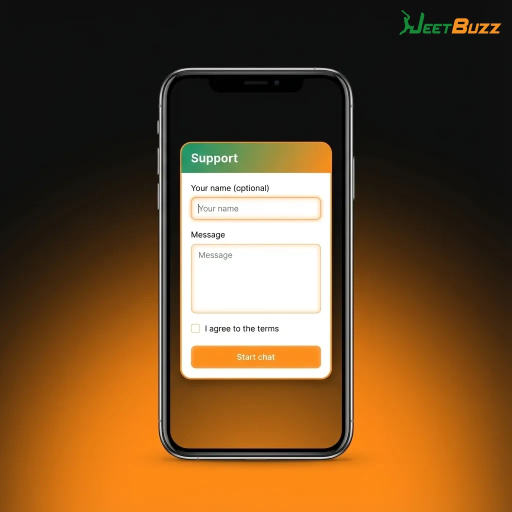 Illustration of Jeetbuzz customer support options: live chat, email, FAQ, and in-app messages on a smartphone screen.