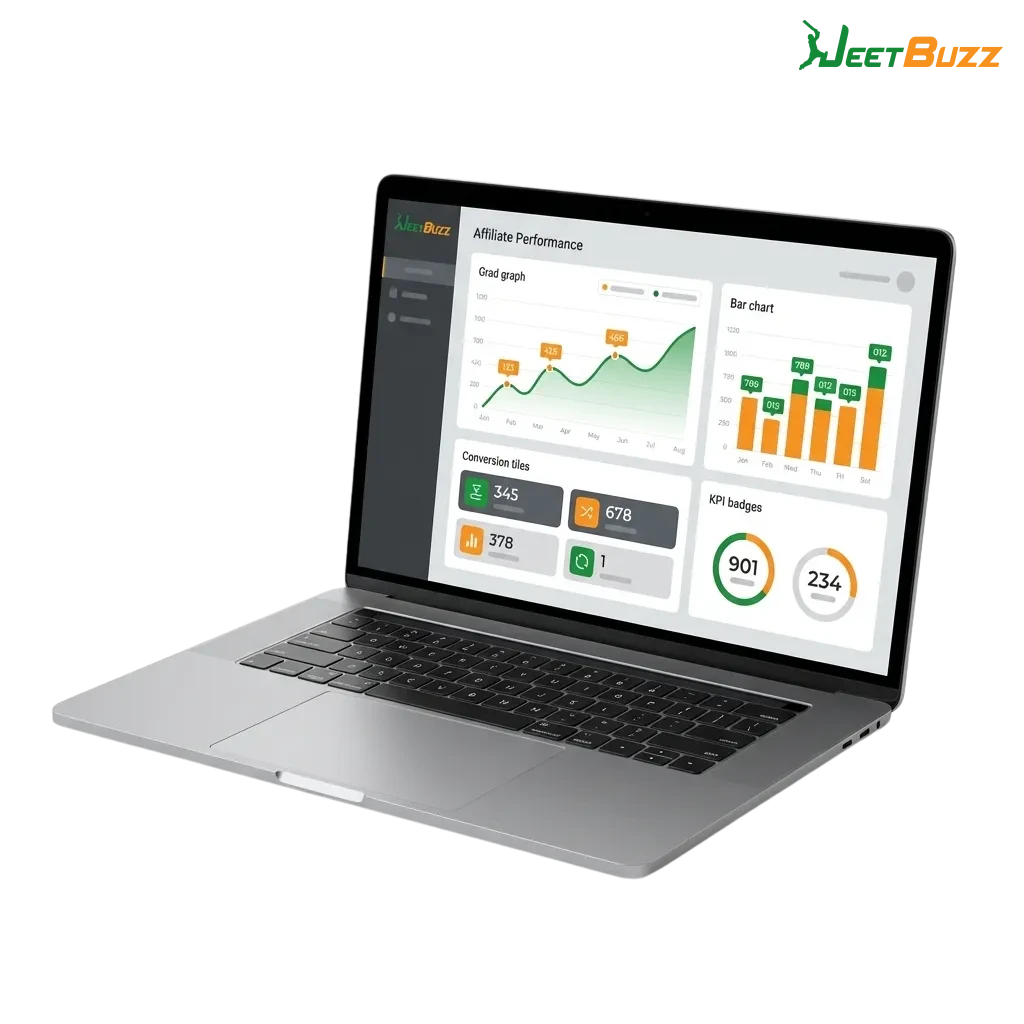 Bangladeshi marketer at laptop viewing Jeetbuzz affiliate dashboard with earnings and commission charts