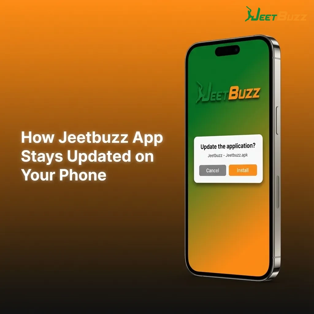 Illustration of a smartphone showing Jeetbuzz app auto-updating with new sports, casino games, and payment options