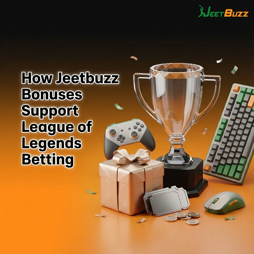 Graphic showing Jeetbuzz bonuses like free spins and sports refund supporting new users’ League of Legends betting steps