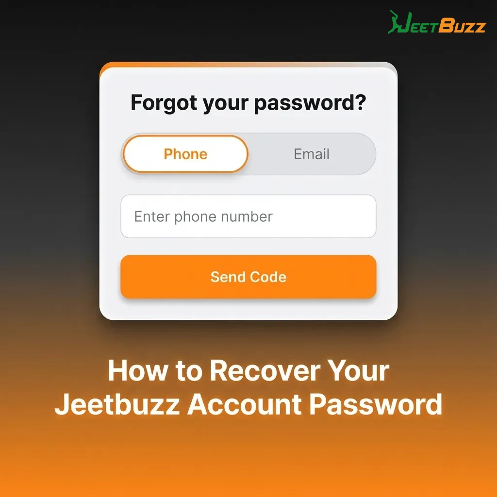 Illustrated Jeetbuzz login screen showing “Forgot password” steps with email, SMS, and social account recovery options