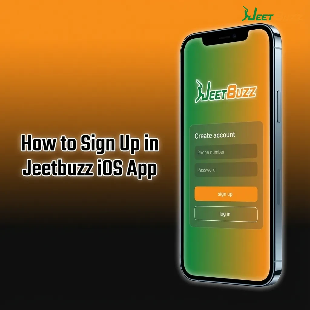 Illustrated iPhone screen showing Jeetbuzz iOS shortcut sign-up steps and fields for phone, password, PKR currency, and promo code