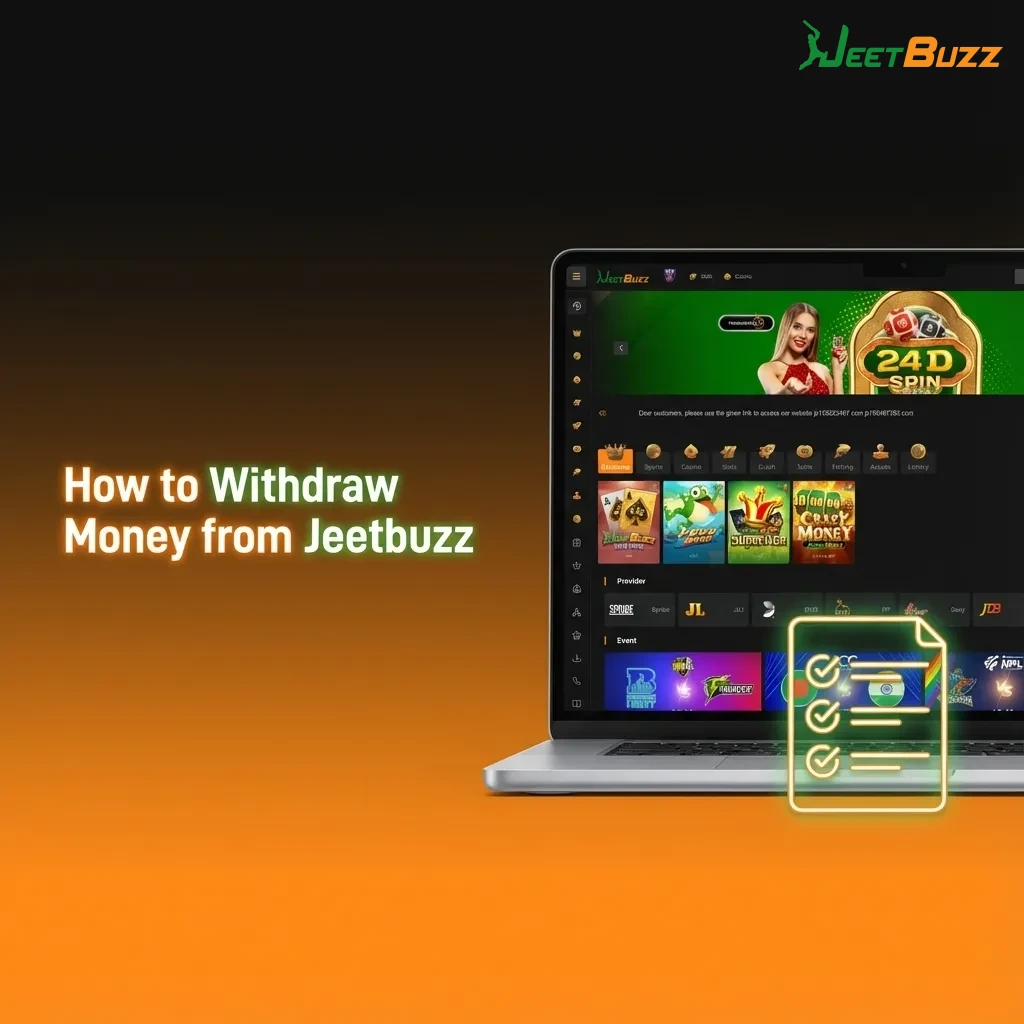 Illustrated guide showing Jeetbuzz India withdrawal steps on a laptop: login, choose method, enter amount, confirm, track status.