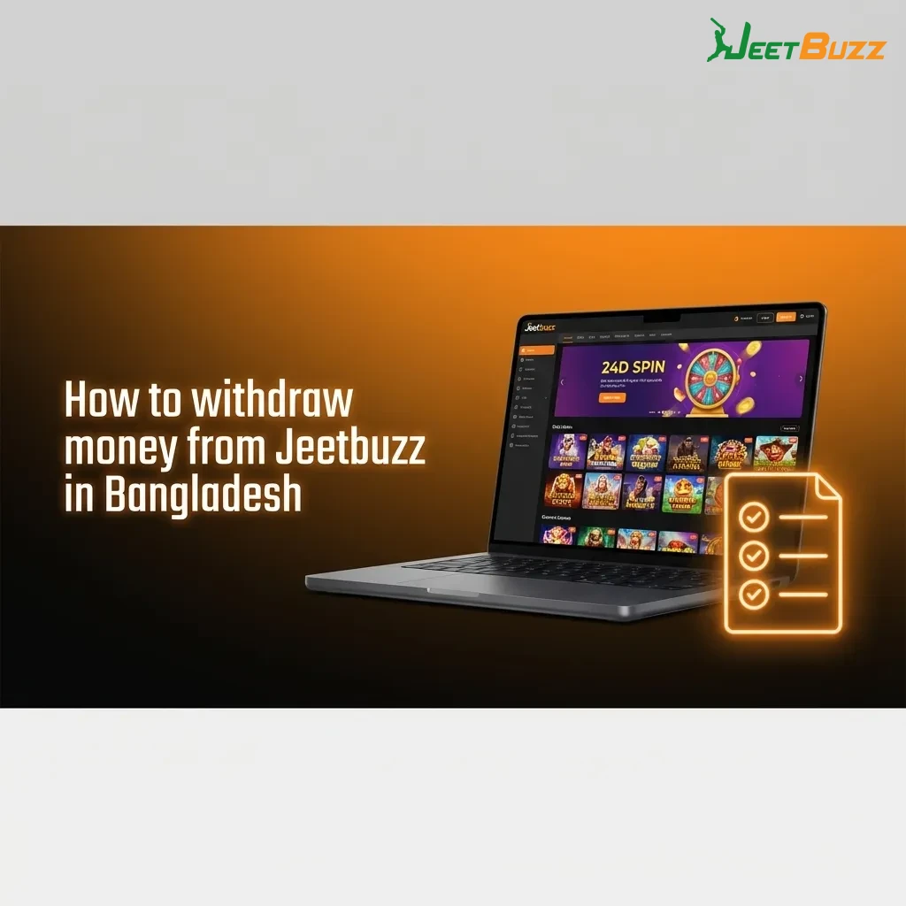 Illustrated guide showing Jeetbuzz Bangladesh withdrawal steps on phone and laptop with cashout icons and bank symbols