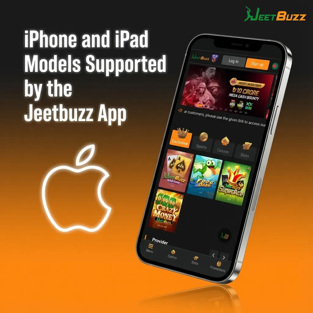 Graphic showing Jeetbuzz app compatibility with iPhone X–15 series and newer iPads running iOS 11 or later