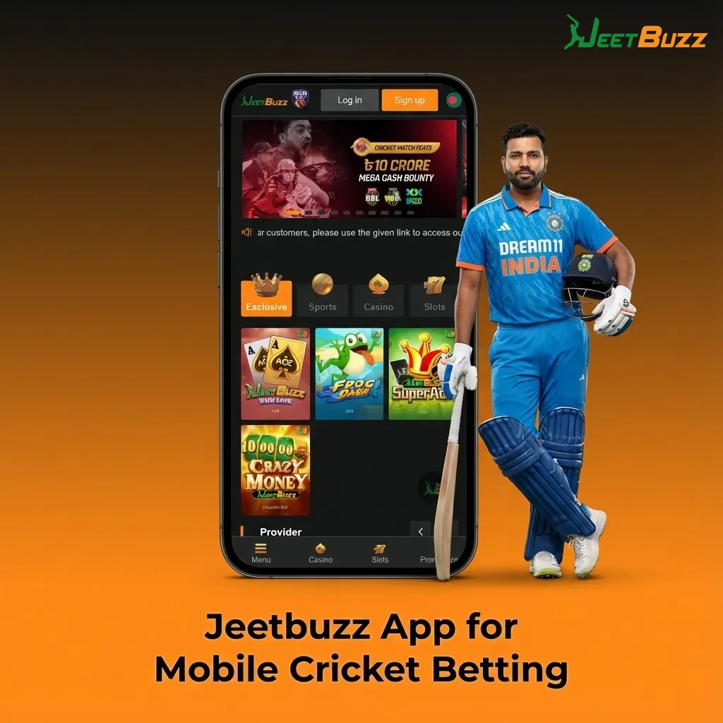 Smartphone showing Jeetbuzz cricket betting app with live odds, scores, and bet slip on a clean mobile interface