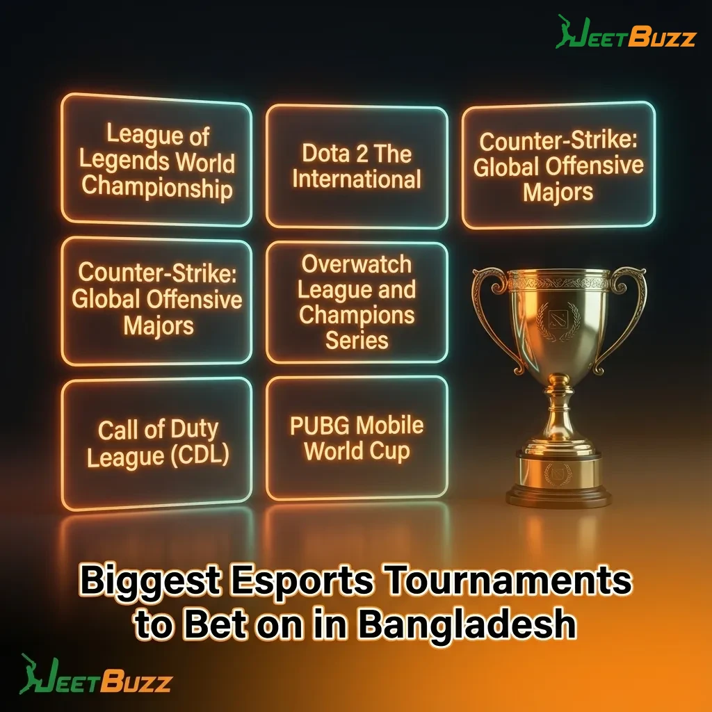Table of top global and regional esports tournaments to bet on in Bangladesh, grouped by game title