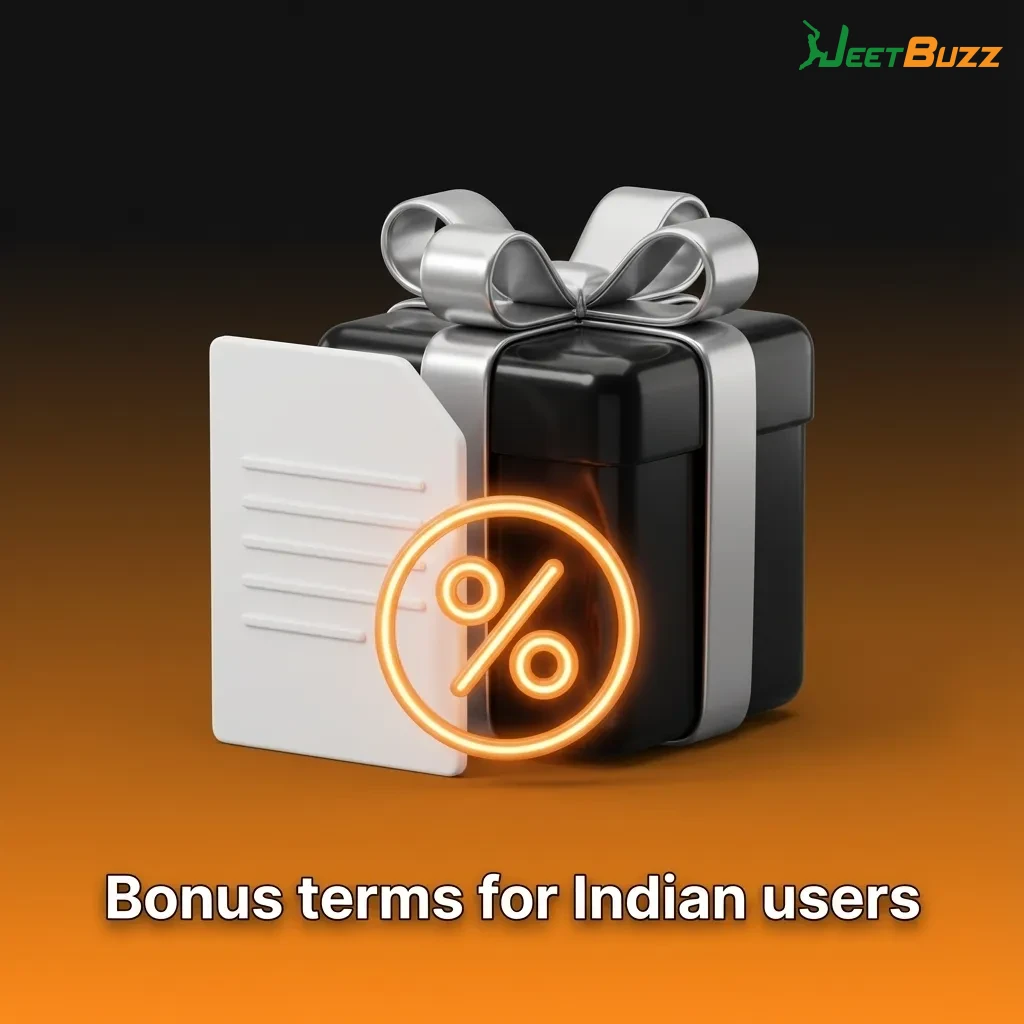 Infographic titled “Bonus terms for Indian users” listing age limit, one welcome bonus rule, wagering and expiry conditions.