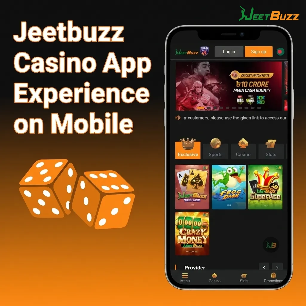 Smartphone showing Jeetbuzz casino app with live tables, slots, HD dealer streams, and shared sports cashier bonuses