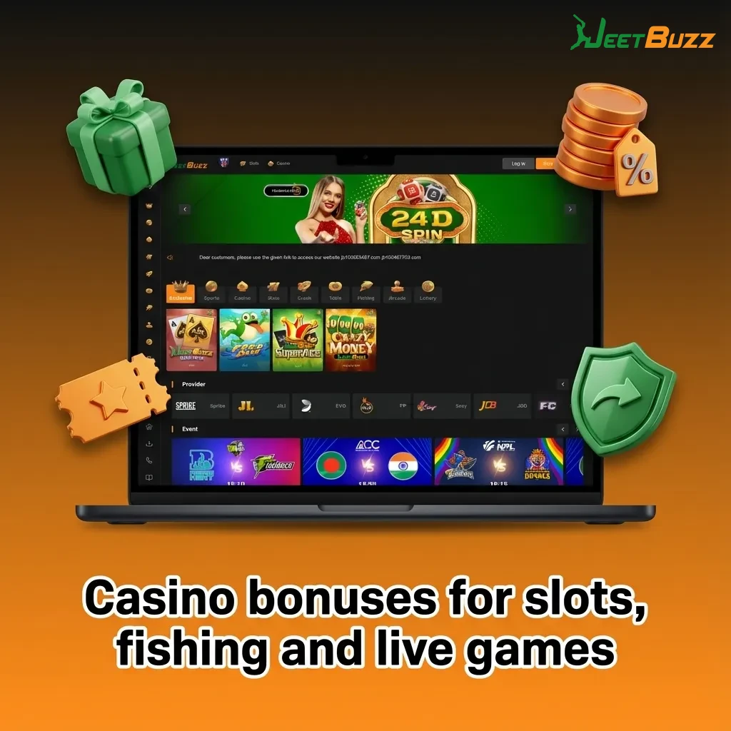 Promotional banner showing casino bonuses: 7 free spins, 25% live cashback, slot reloads, and daily drop-and-win tournaments