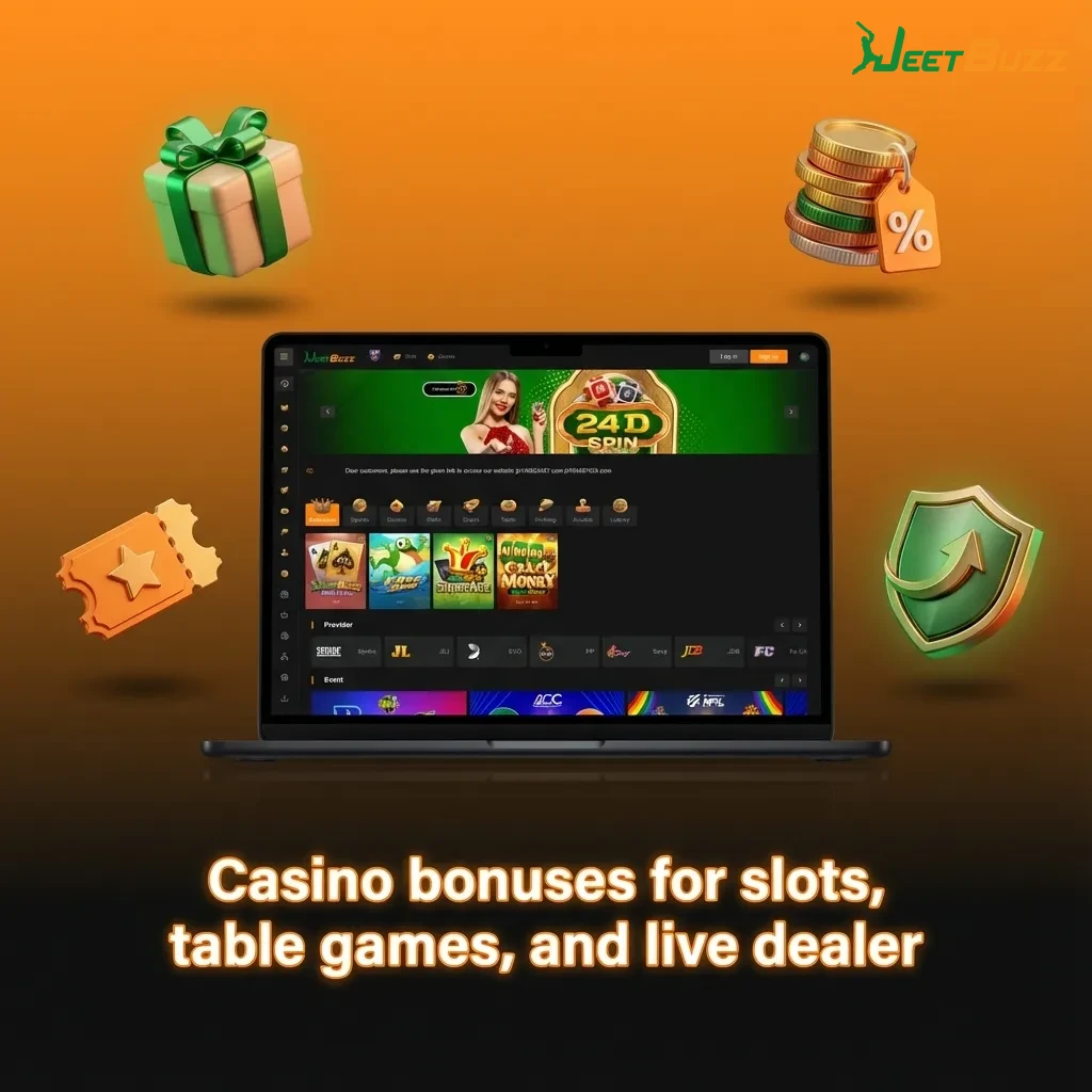 Promotional banner showing casino bonuses for slots, fishing, table games, live dealer, cashback, and tournaments