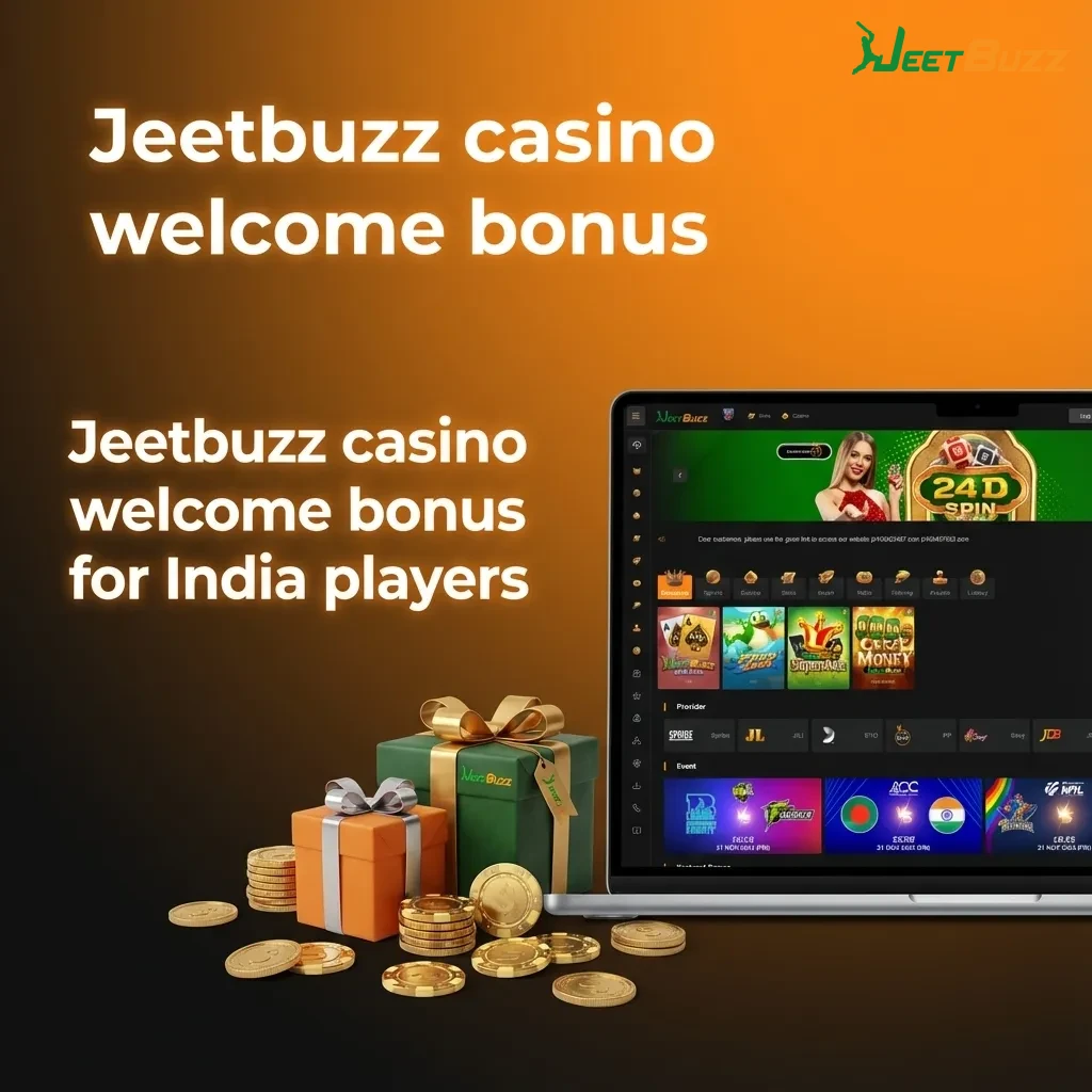 Jeetbuzz casino welcome bonus banner for Indian players showing free spins, cashback, and sports refund offers