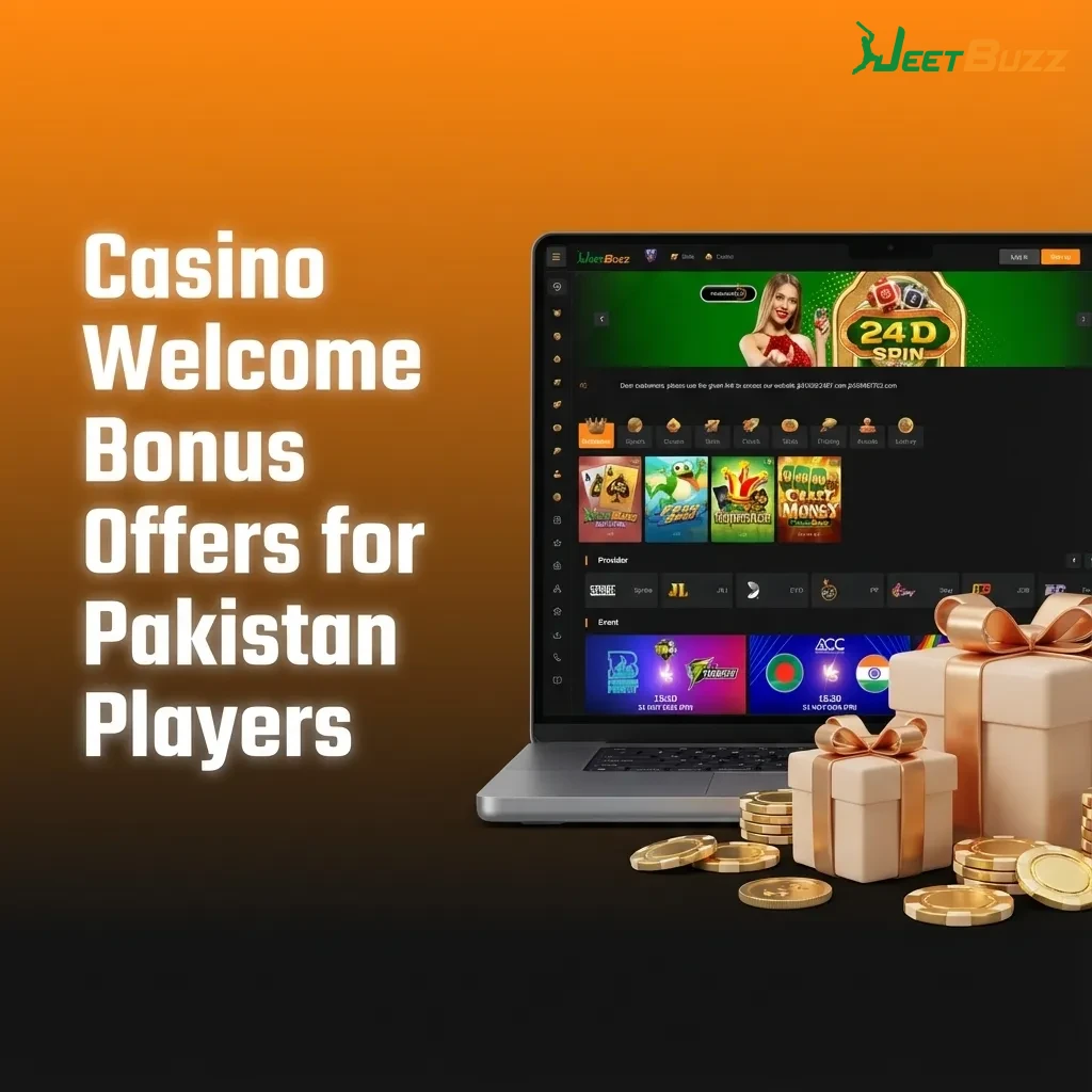 Promotional banner for Pakistani players showing free spins, live casino cashback and sports refund welcome bonuses.