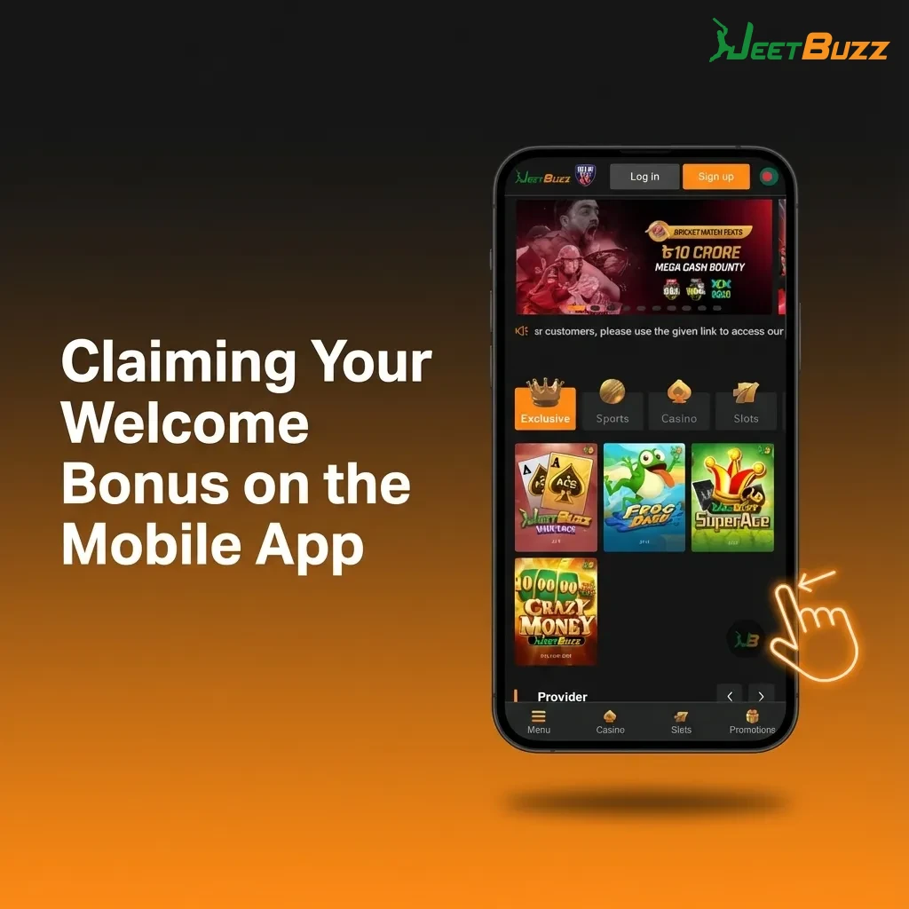 Hand holding a smartphone showing an Indian betting app welcome bonus and steps to claim it via registration and deposit