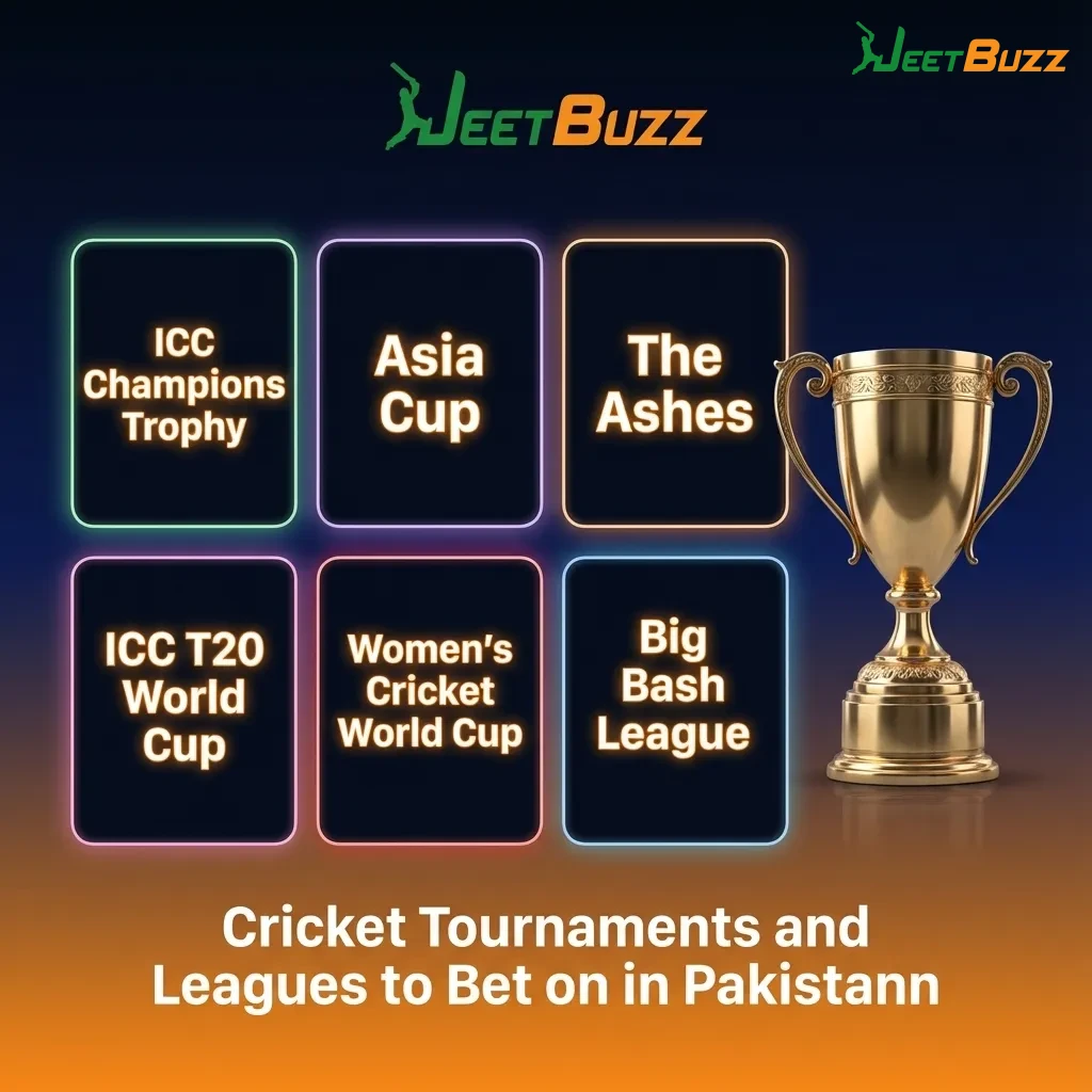 Illustrated banner showing global and Pakistan cricket tournaments and leagues with betting icons and match fixtures