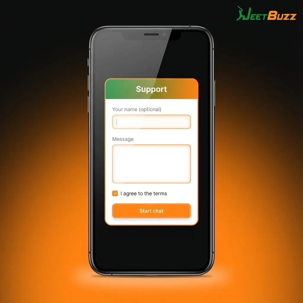 Smartphone showing Jeetbuzz app with live chat, email, and FAQ support options for betting and account help