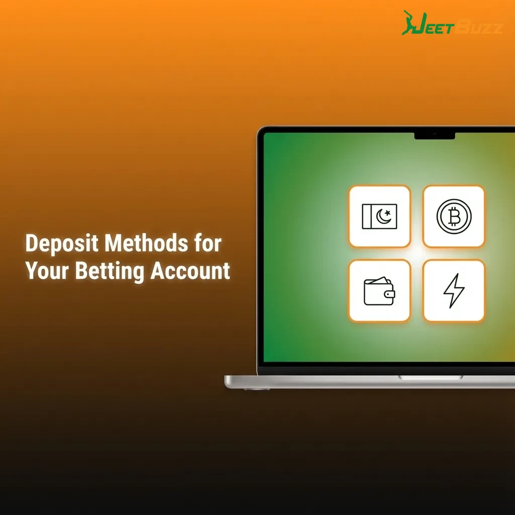 Illustration of a betting site deposit screen showing payment methods, amount entry, and confirmation steps in Pakistan