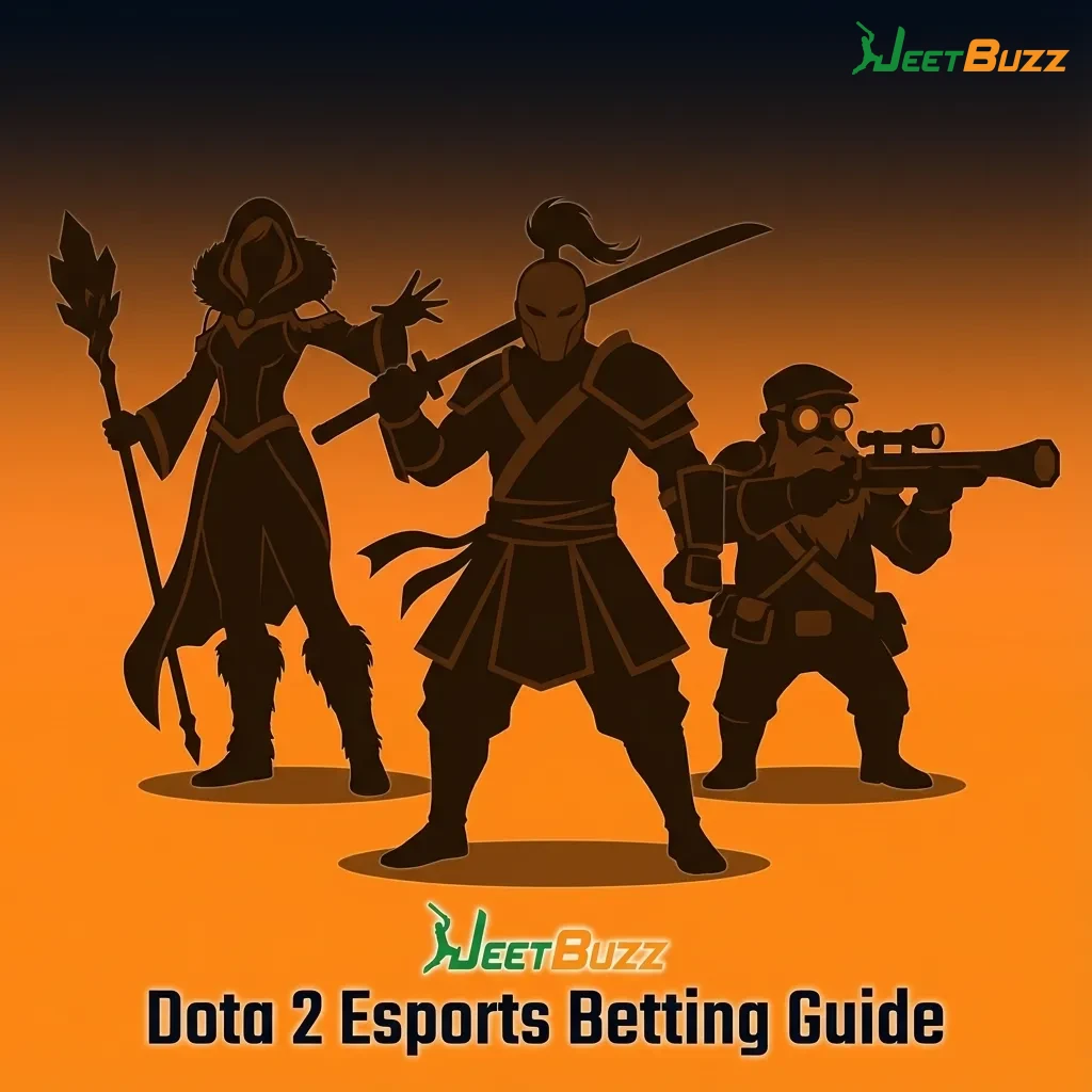 Dota 2 esports betting guide graphic showing heroes, tournament logos, and Jeetbuzz betting markets and odds