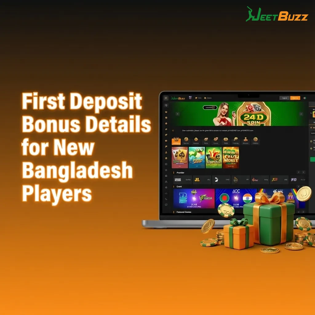 Colorful promo banner showing first deposit bonus options for new Bangladesh players across slots, casino, and sports.