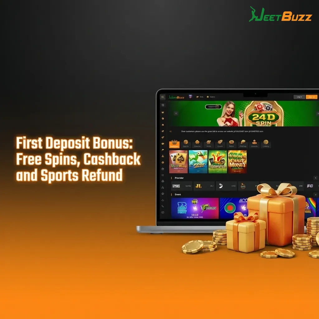 Colorful promo banner highlighting first deposit bonus: 7 free spins, 25% casino cashback, and 50% sports refund.