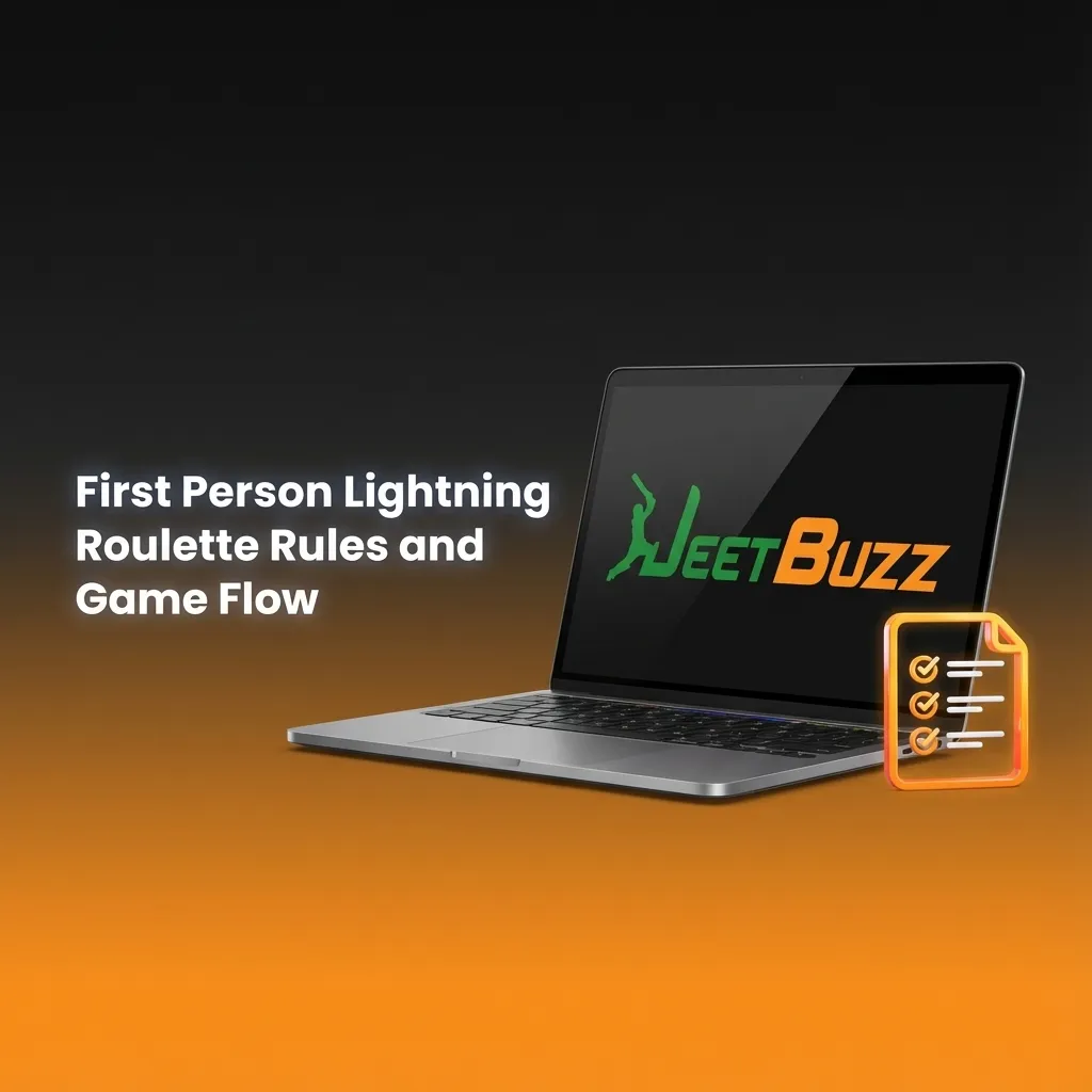 Diagram showing First Person Lightning Roulette wheel, bet types, lightning multipliers on numbers, and basic game flow steps