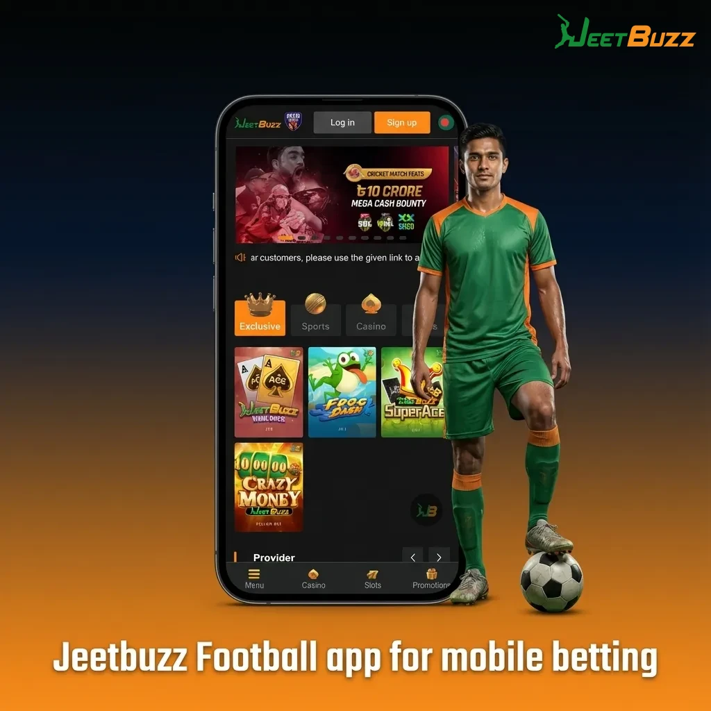 Person holding a smartphone showing the Jeetbuzz football betting app with live odds and match markets