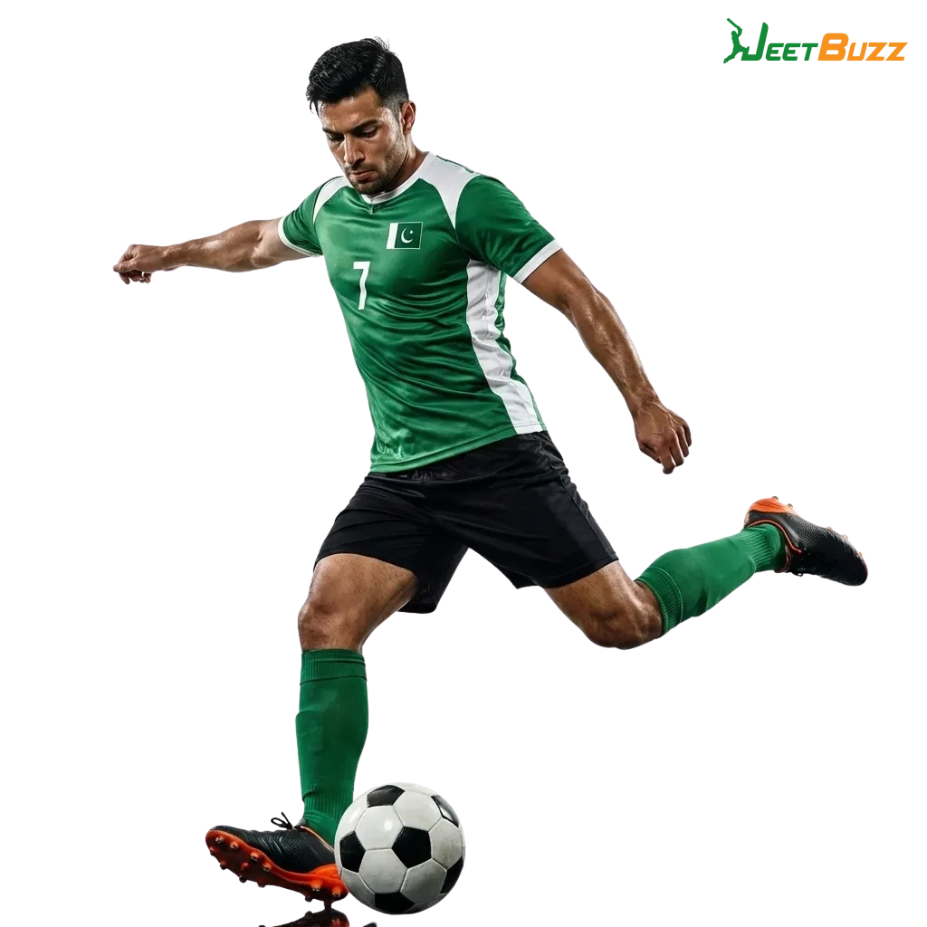 Pakistani bettor using Jeetbuzz on mobile to place football bets, with bonus offers and odds displayed on the screen