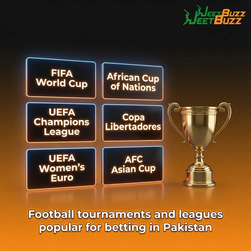 Illustration of global football leagues and tournaments icons with “Jeetbuzz Pakistan football betting” text in the center