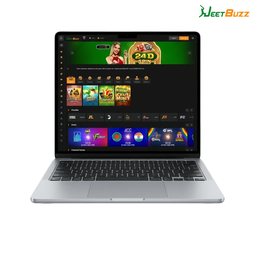 Jeetbuzz desktop app promo screen showing sports betting and casino games on a PC for Bangladeshi users