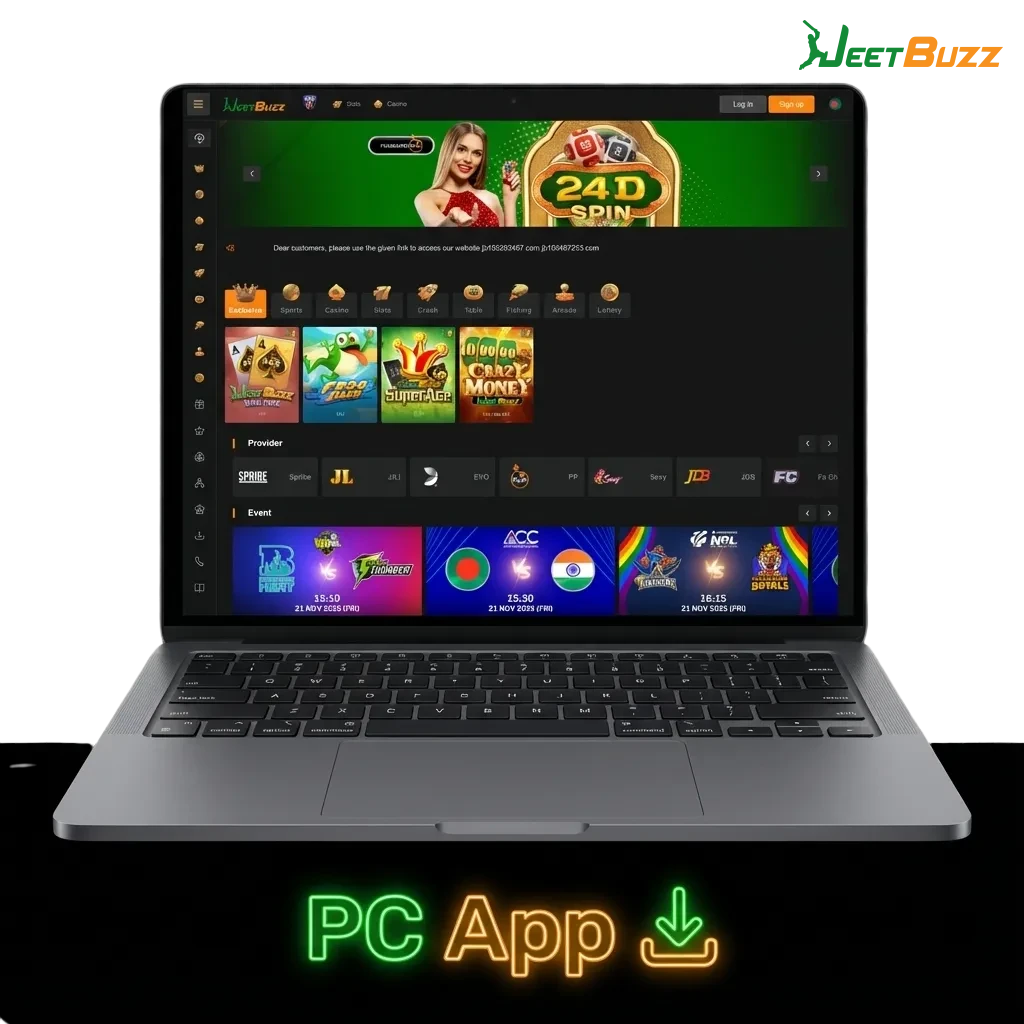 Jeetbuzz desktop app promo showing casino games and sports betting on a PC screen, highlighting fast, stable, full-screen play