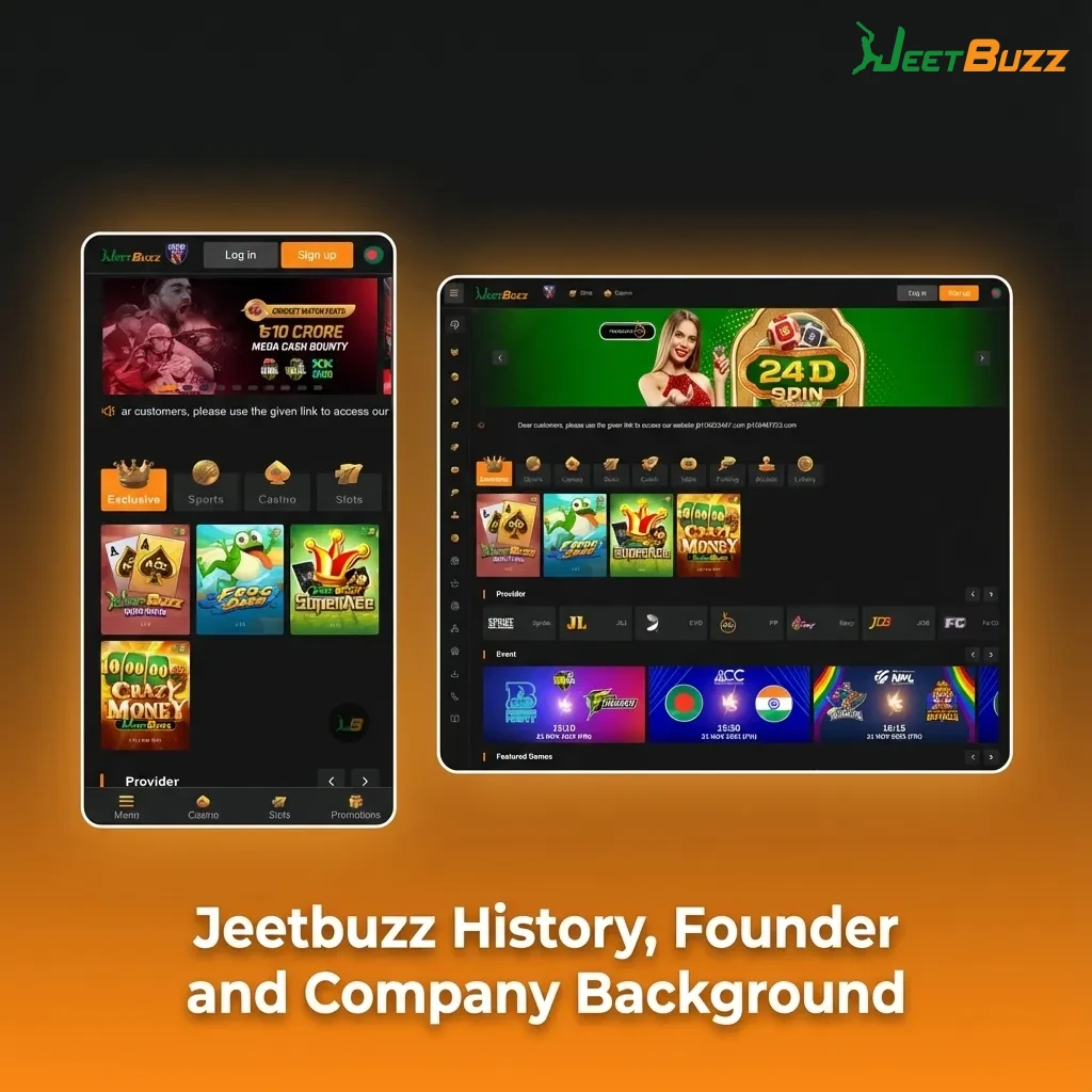 Illustrated Jeetbuzz timeline showing 2020 launch, founder Rahim Hasan, growth into a regulated Bangladesh‑focused betting brand