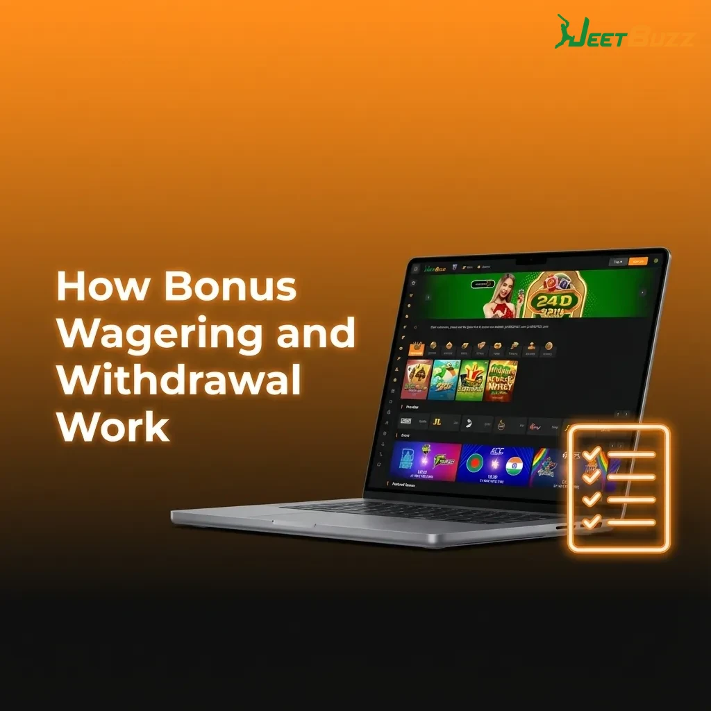 Infographic explaining Jeetbuzz bonus wagering rules, split balances, wagering multipliers, time limits, and early cash-out risks