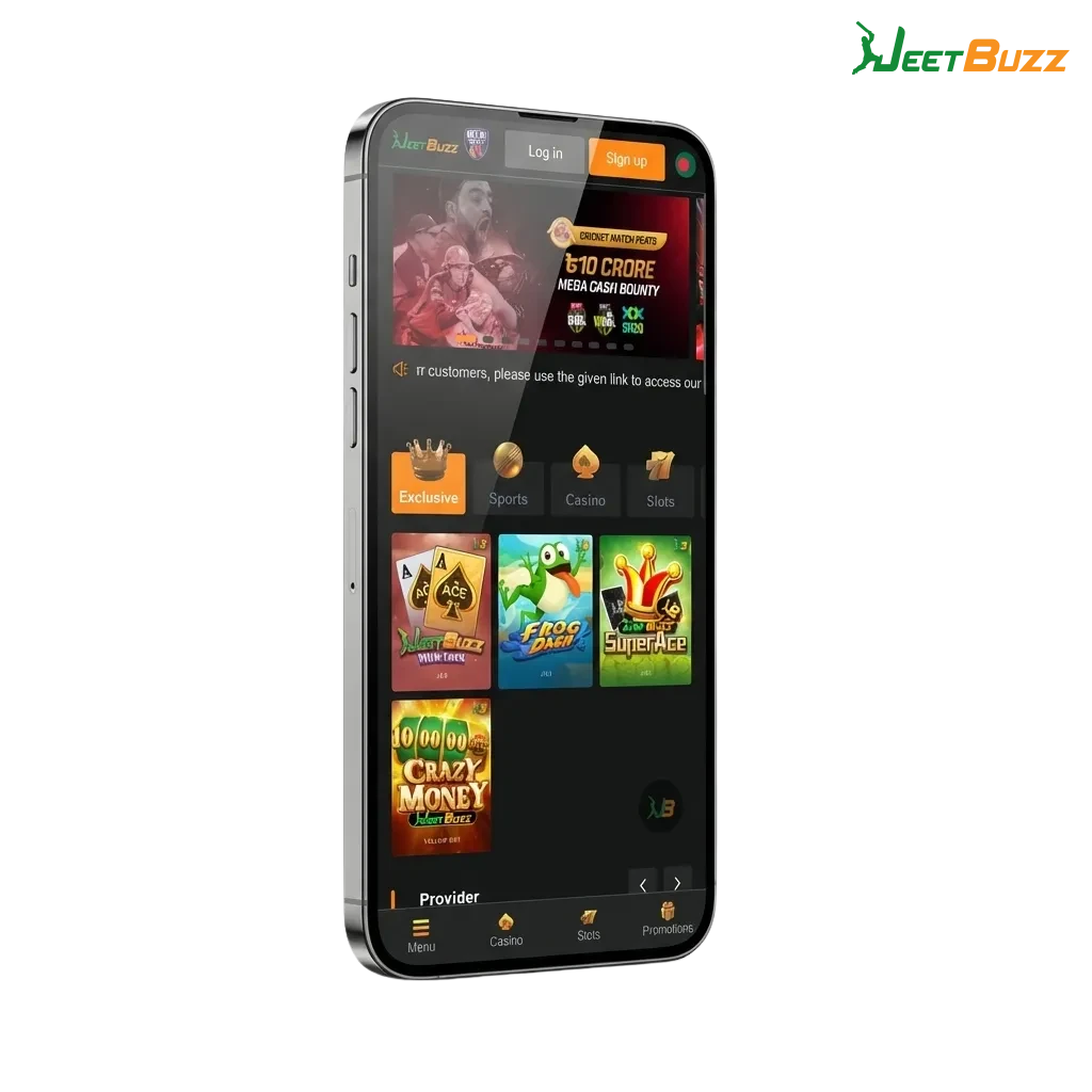Jeetbuzz iOS app promo on iPhone, highlighting rupee betting, Indian users, and welcome bonus offers
