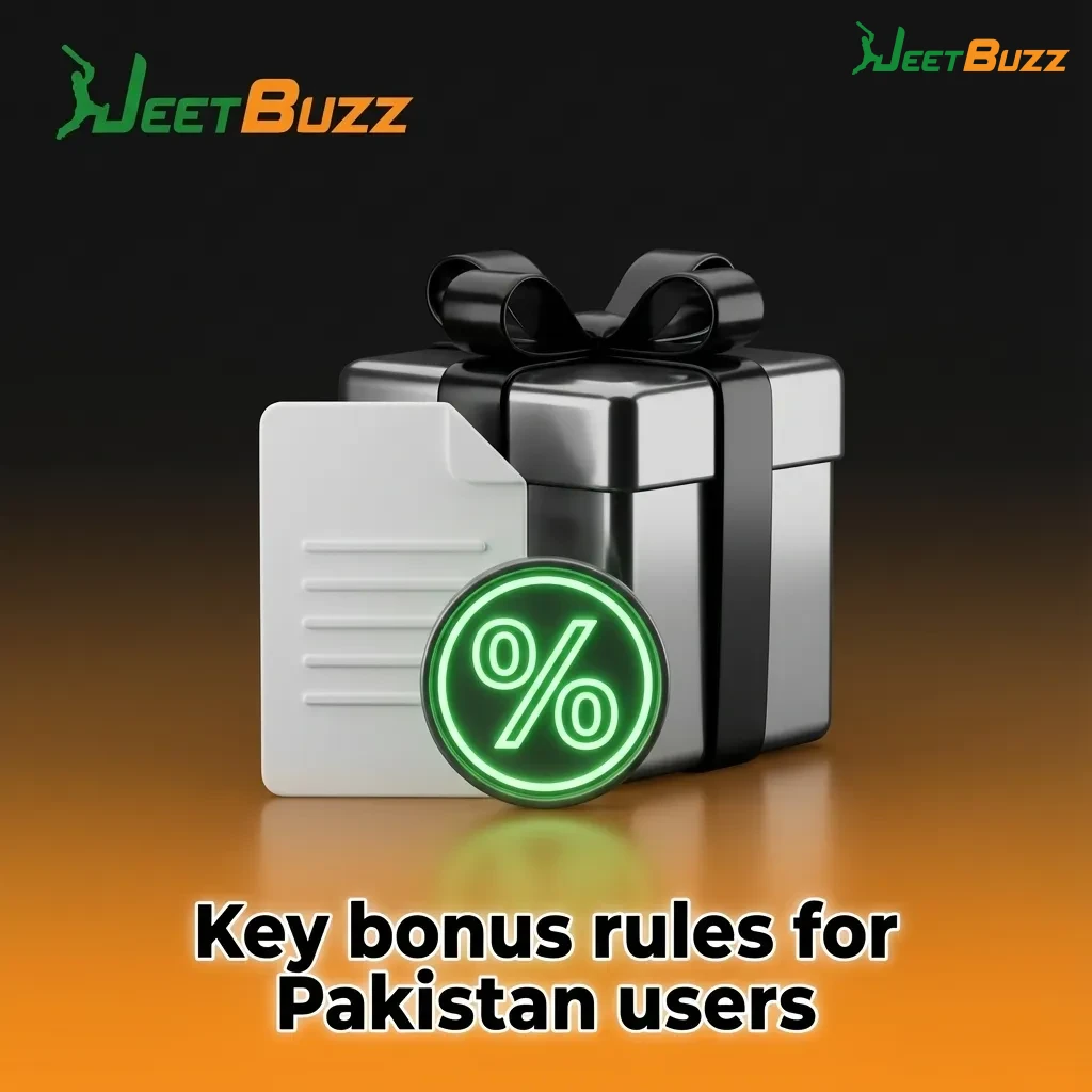 Infographic listing key bonus rules and eligibility for Pakistan users on an online gambling site