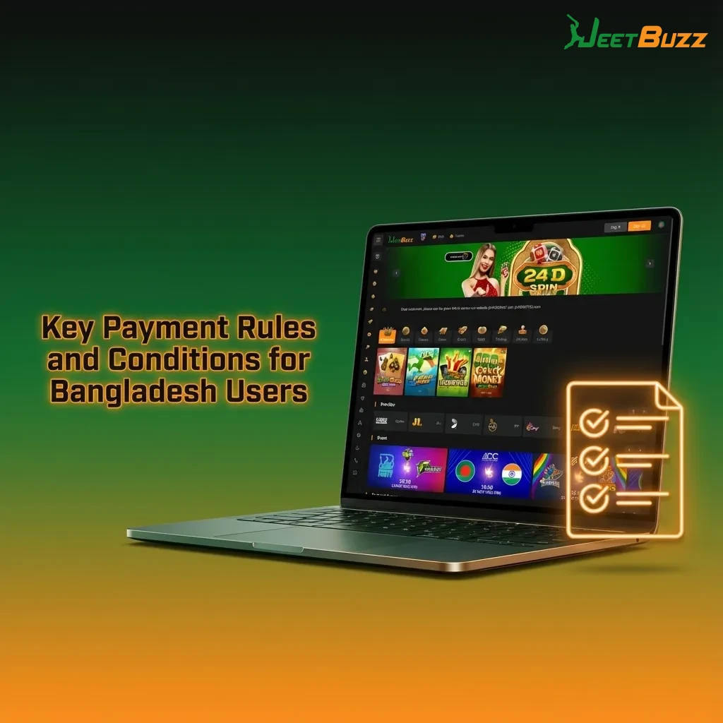 Infographic listing key payment rules and withdrawal conditions for Jeetbuzz users in Bangladesh
