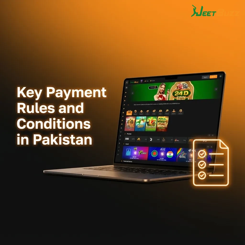 Infographic on Pakistan payment rules: real-name accounts, one account per ID, KYC for large withdrawals, and bonus wagering terms