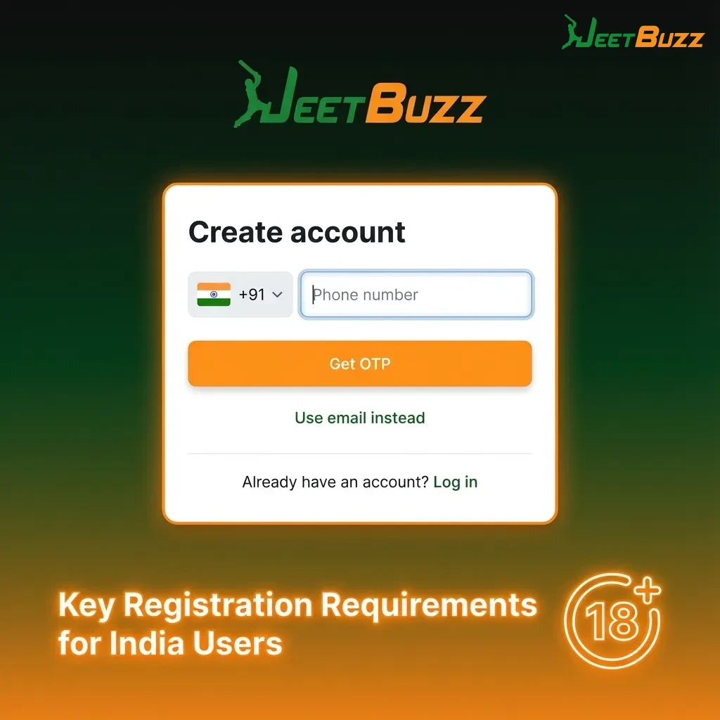 Illustrated checklist of Jeetbuzz India registration rules: age 18+, real details, one account, KYC documents, security checks