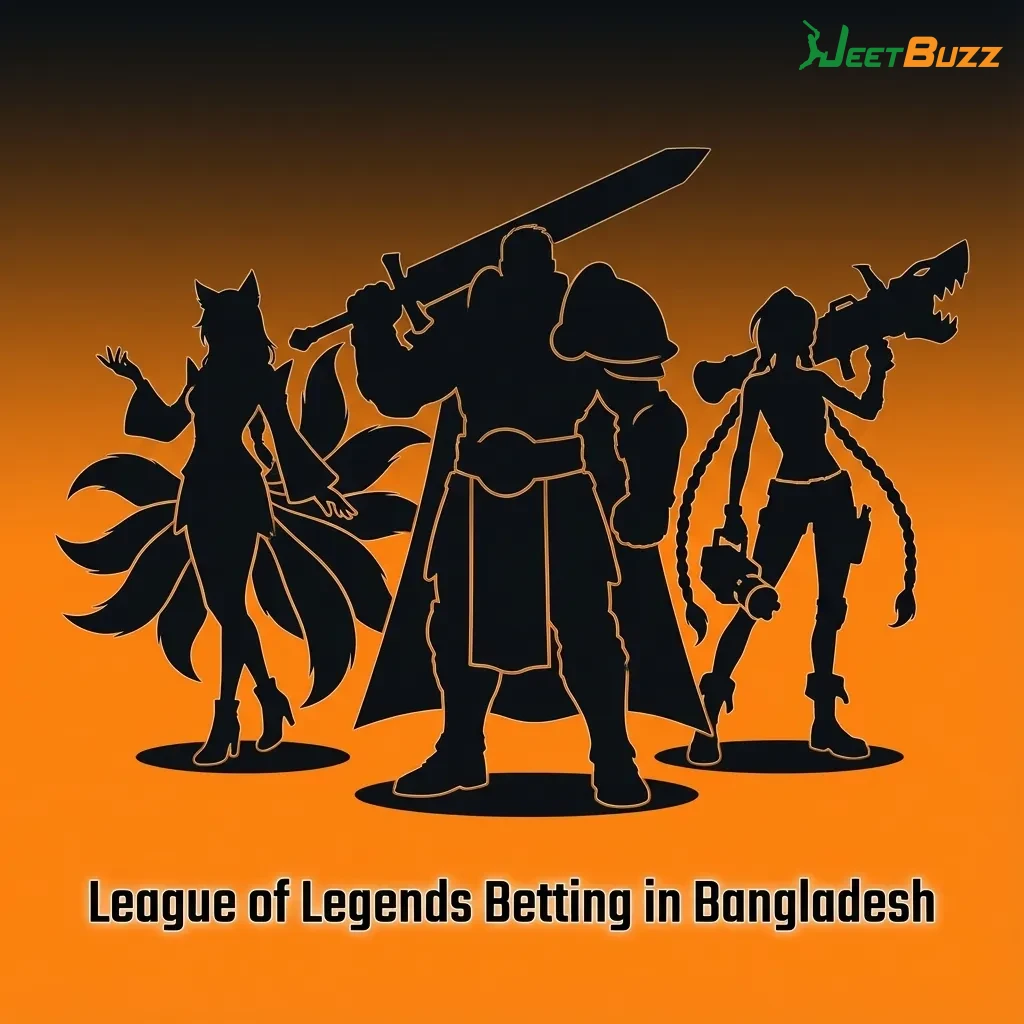 Promotional banner showing League of Legends esports match with betting options for Bangladeshi players on Jeetbuzz