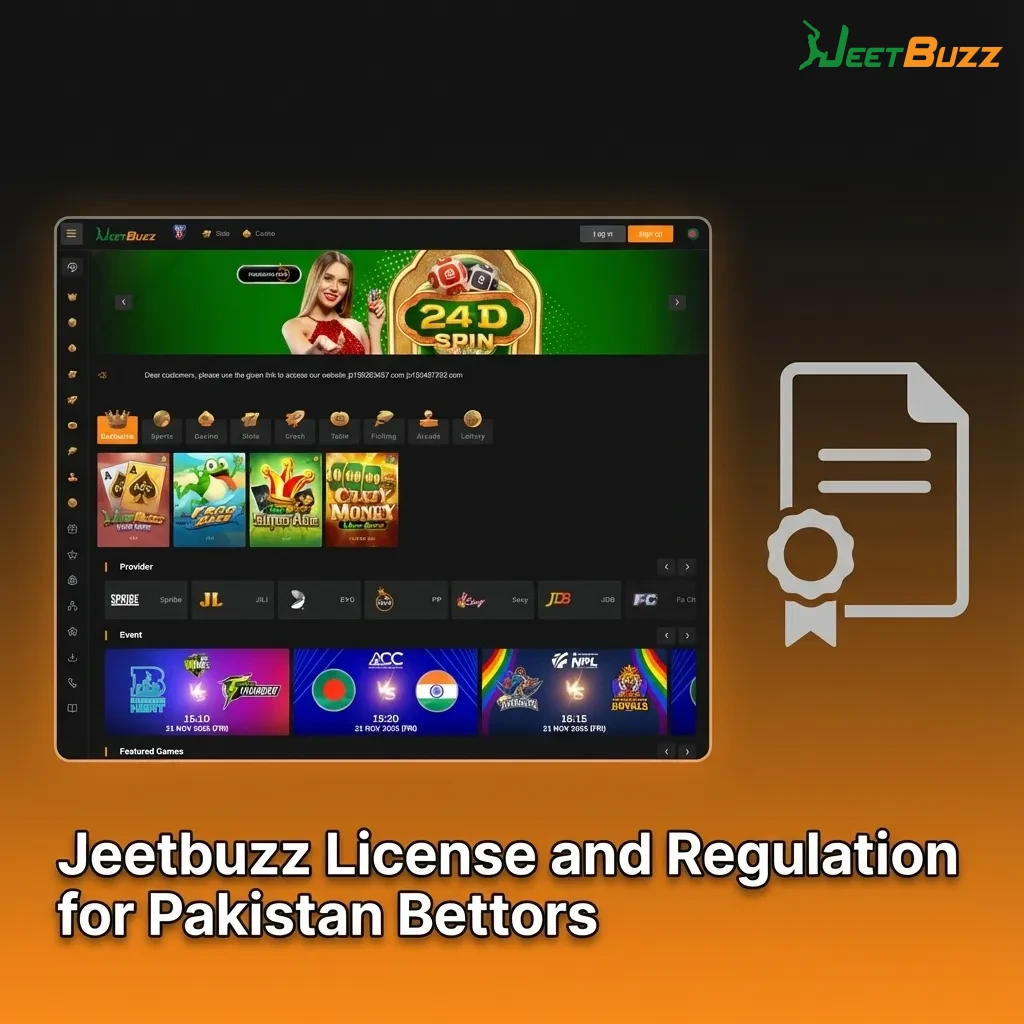Graphic showing Jeetbuzz’s Curacao eGaming license details and assurances of secure, regulated betting for Pakistan users