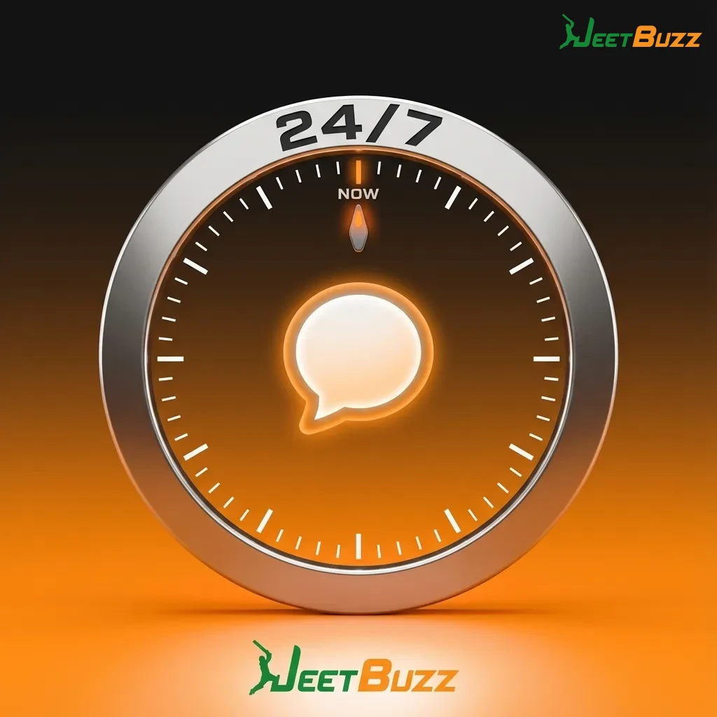 Illustration of Jeetbuzz live chat support on phone and laptop, showing a user messaging a support agent in English.