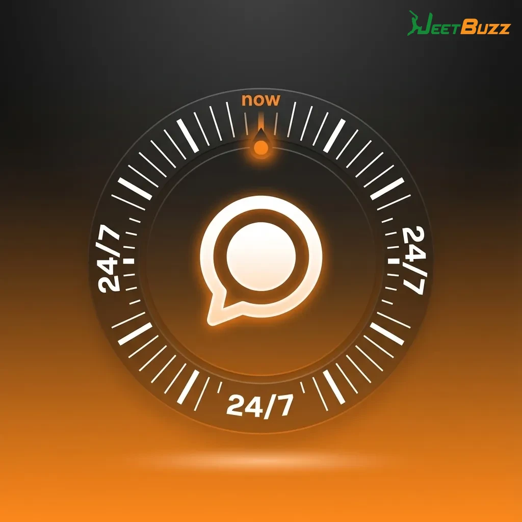 Jeetbuzz user on phone using 24/7 live chat support for betting help, with chat window showing quick assistance messages