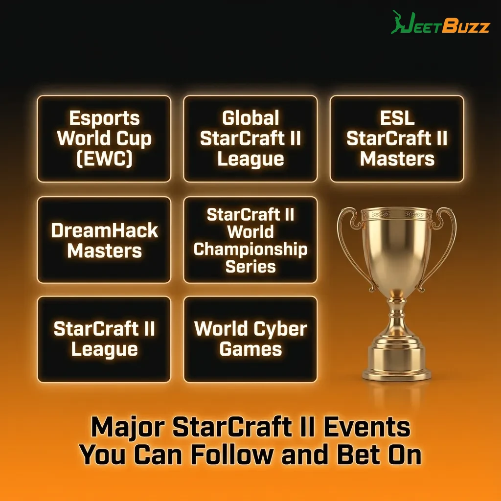 Infographic listing major StarCraft II tournaments for esports betting, including EWC, GSL, ESL Masters, IEM, TSL, and weeklies